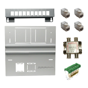 Kit com | Platine + support 10 RJ45 + 4x embases cat. 6A + 1 bornier de terre + 1 répartiteur TV