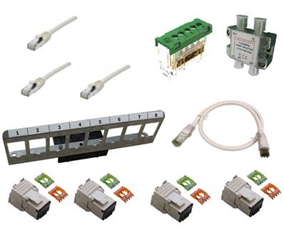 Kit com 3 cordons cat.6a + 4 RJ45 + bornier/terre + rep.tv + 1 cordon tv/RJ45 avec support