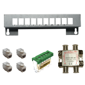 Kit com | Support 10 RJ45 + 4x embases cat. 6A + 1 bornier de terre + 1 répartiteur TV