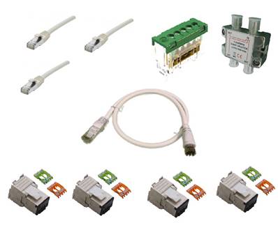 Kit com 3 cordons cat.6a + 4 embases RJ45 + bornier/terre + rep.tv + 1 cordon tv/RJ45