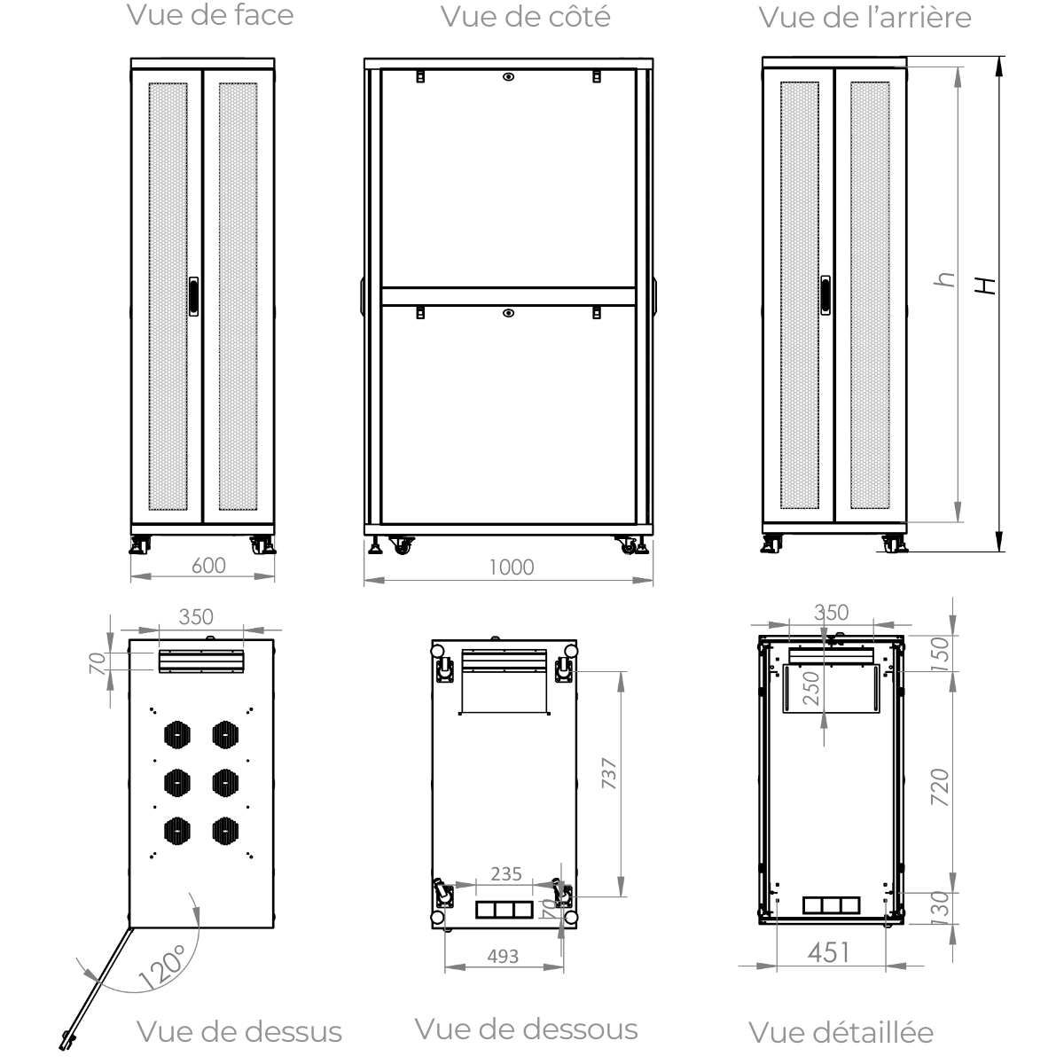 schma avec toutes les dimensions d'une baie informatique de largeur 600 mm et de profondeur 1000 mm